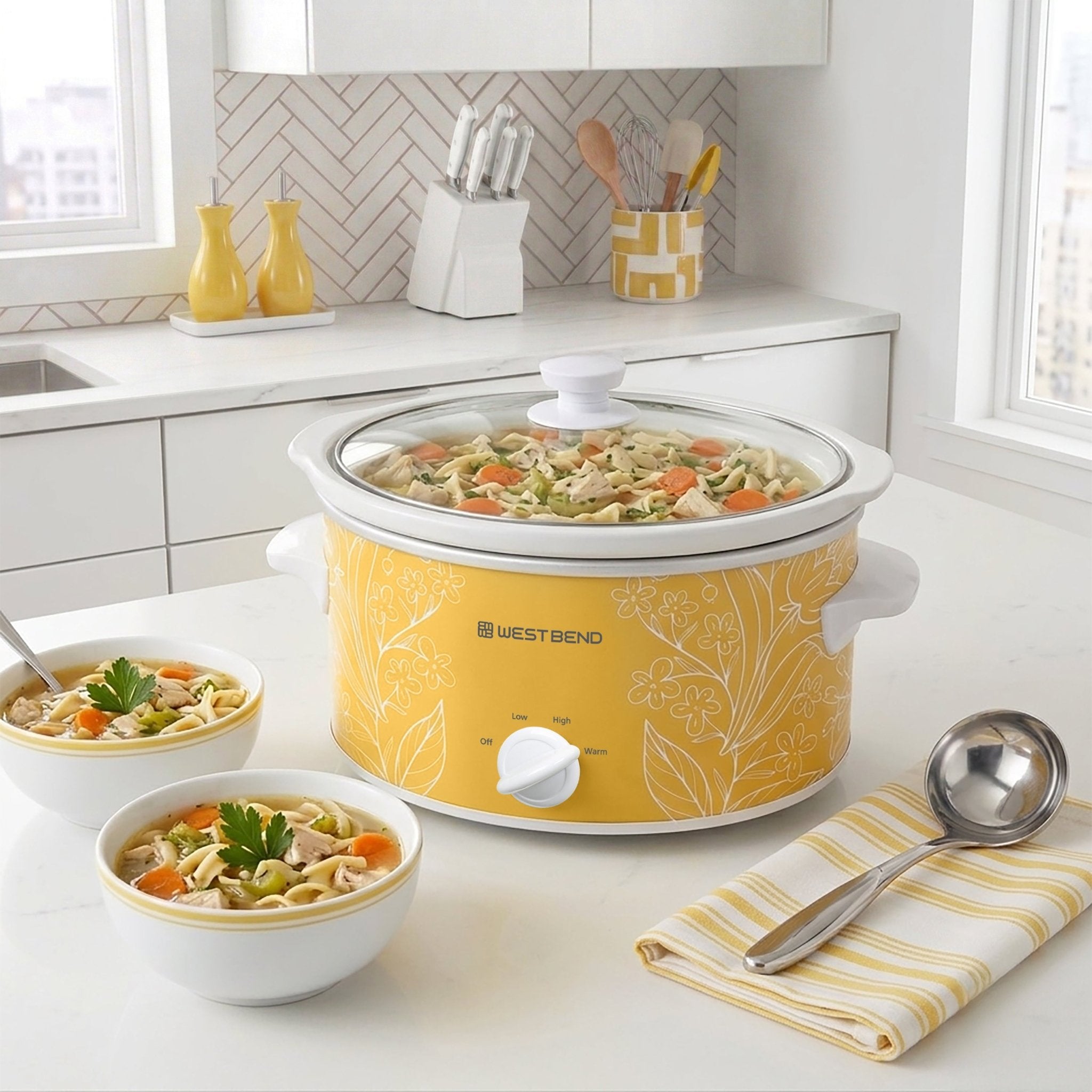 West Bend Pattern Slow Cooker, 4 Qt. Capacity in Yellow and White - Image 2