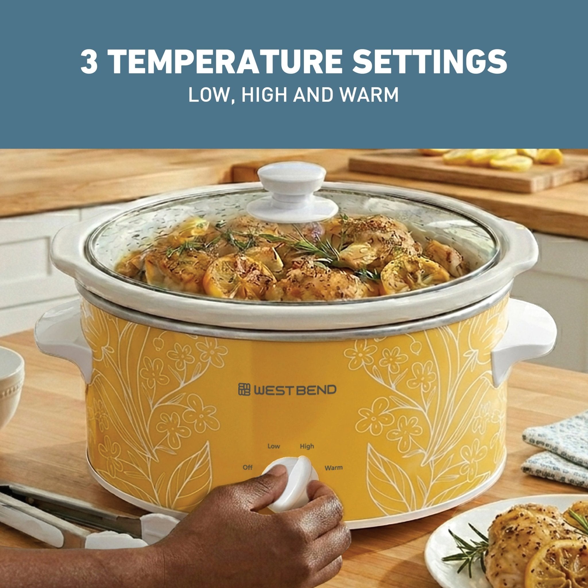 West Bend Pattern Slow Cooker, 4 Qt. Capacity in Yellow and White - Image 4